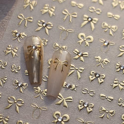 Gold 3D Bow Nail Stickers with Rhinestones