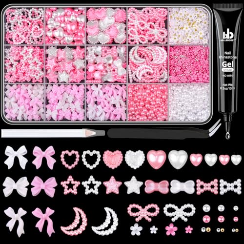 3D Nail Charms Set with Bows, Pearls, Flowers, and Glue