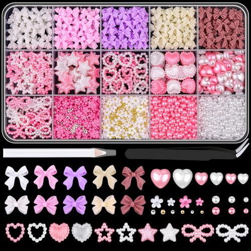 Colorful 3D Nail Charms Set with Bows, Pearls, Flowers, and Tools