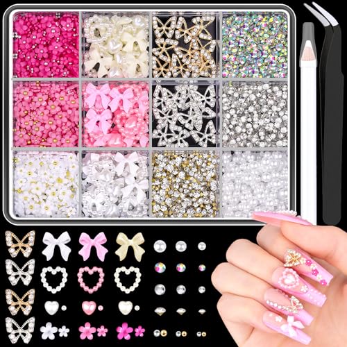 3D Nail Charms and Gems Set with Butterflies, Bows, Hearts, Flowers, Rhinestones, Pearls, and Tools