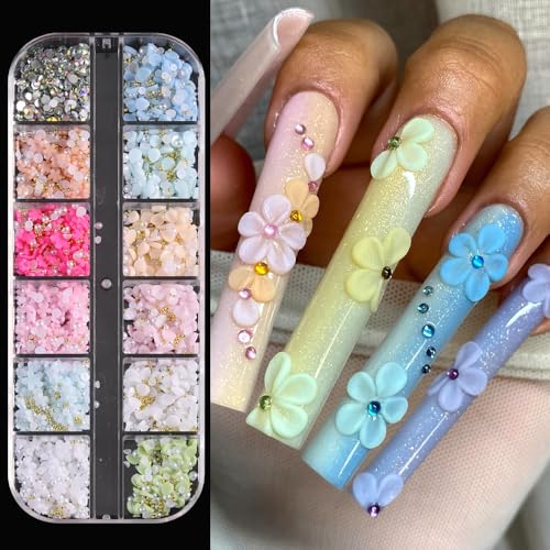 3D Acrylic Flower Nail Charms with Caviar Beads and Pearls