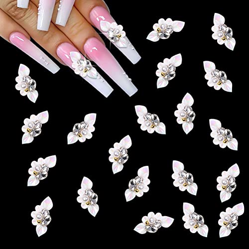 20pcs White 3D Flower Nail Charms with Rhinestone Accents