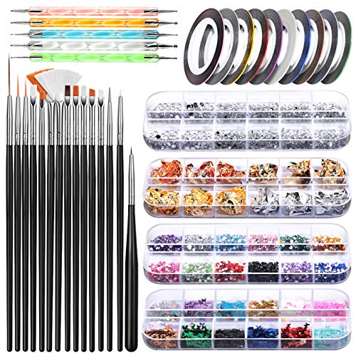 Complete Nail Art Kit with Brushes, Dotting Tools, Rhinestones, Foil, Tape, and Butterfly Sequins