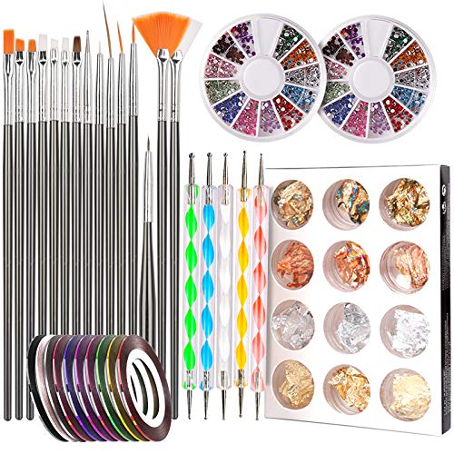 Teenitor Nail Art Starter Kit with Brushes, Dotting Tools, Rhinestones, Foil & Striping Tapes