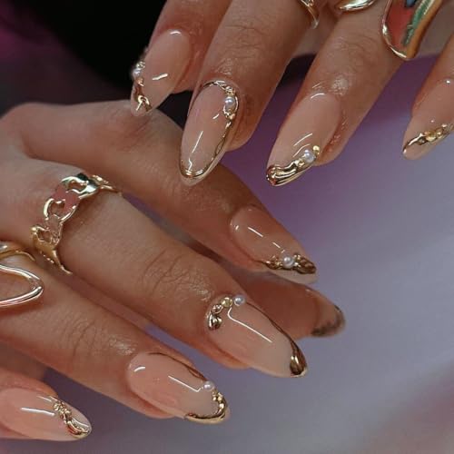 Almond French Tip Press-On Nails with Gold Line Design - 24 pcs
