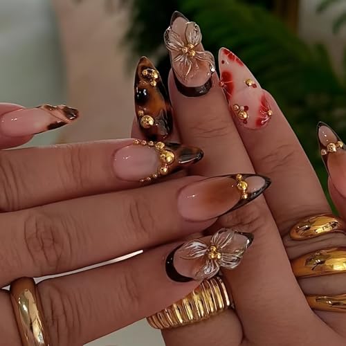 3D Brown Gold Flower Press-On Nails with Tortoiseshell Leopard French Tip