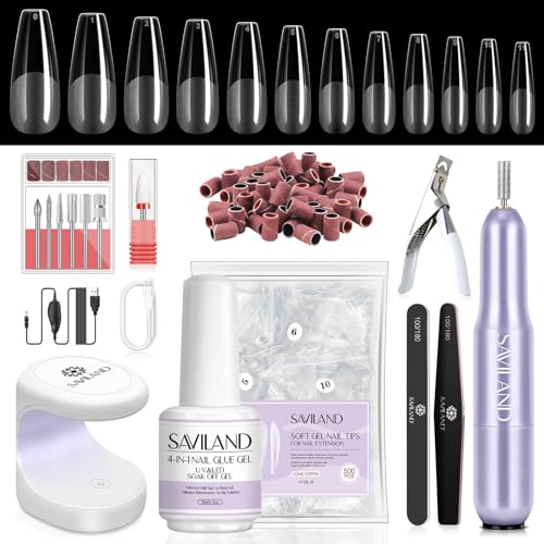 SAVILAND Gel Nail Kit with Nail Drill and 500 Long Coffin Nail Tips
