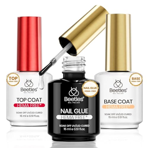 Beetles HEMA-Free Nail Glue, Base Coat & No-Wipe Top Coat Gel Set