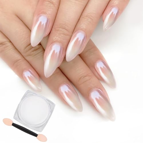 White Pearl Chrome Nail Powder with Iridescent Metallic Mirror Effect
