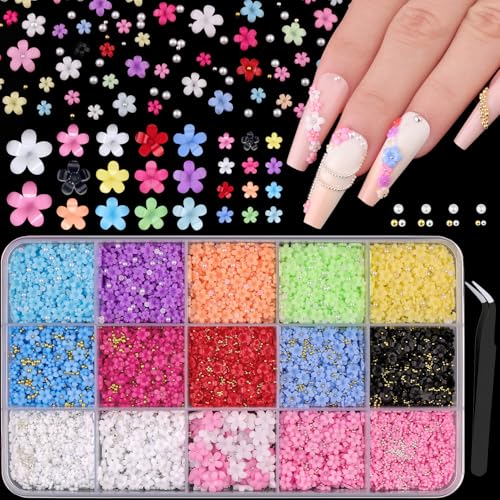 3D Colorful Flower Nail Charms with Pearls and Metal Beads for Nail Art