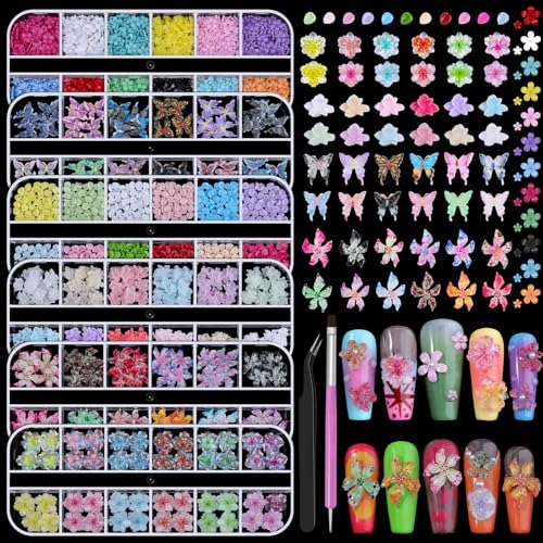 Colorful 3D Flower Nail Art Charms with Pickup Tool ,  6 Boxes
