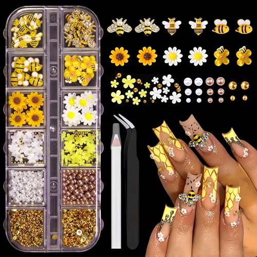 12 Grids Bee and Daisy Flower Nail Art Charms