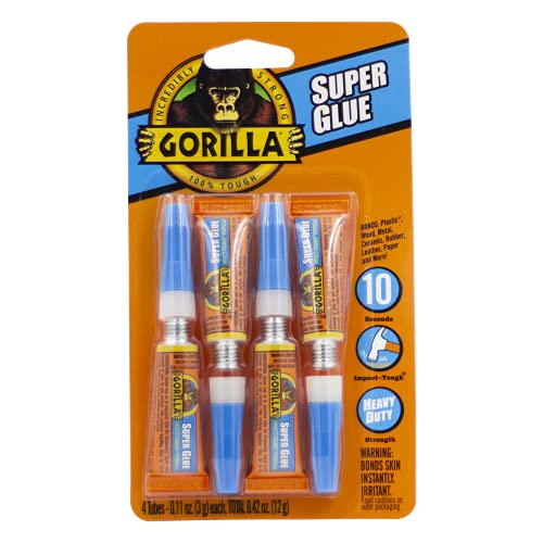 Gorilla Clear Super Glue ,  Fast-Setting, Impact Resistant Adhesive, 4 Tubes (3g Each)