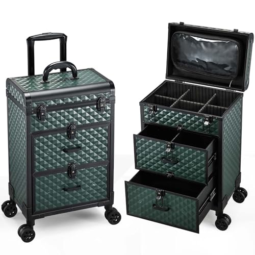 Adazzo Rolling Makeup Train Case with Drawers and Lockable Storage