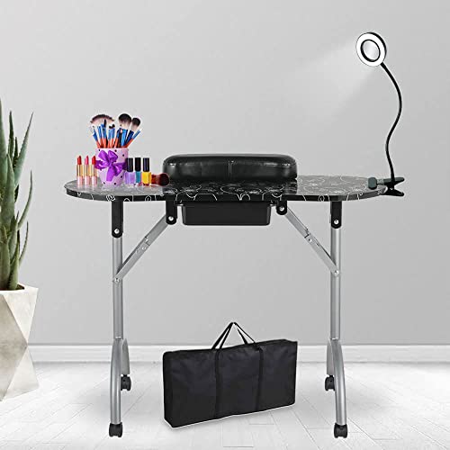 Portable Foldable Manicure Table with LED Light and Magnifier