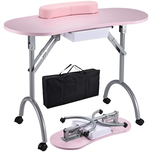 Professional Foldable Portable Manicure Table with Drawer and Lockable Wheels