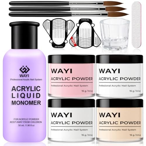 Complete Acrylic Nail Kit with Powders, Liquid Monomer, Brush, Nail Forms, and Glass Cup