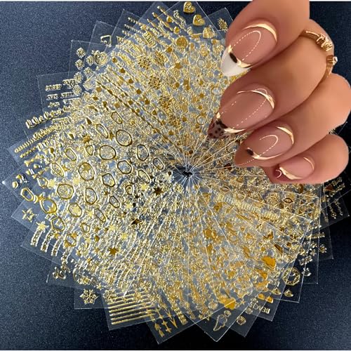 Gold 3D Nail Art Stickers - 30 Sheets of Elegant Line, Star, and Leaf Designs