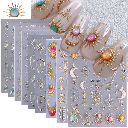 Bohemian 5D/3D Embossed Sun, Moon & Star Nail Art Stickers - 9 Sheets