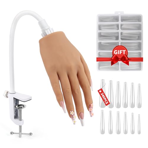 Flexible Silicone Nail Practice Hand with Adjustable Table Clamp and Coffin Nail Tips