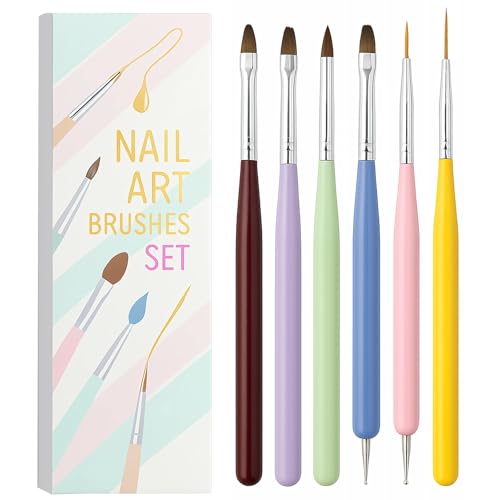 6-Piece Nail Art Brush Set with Liner, Flat, Angled & Dotting Tips