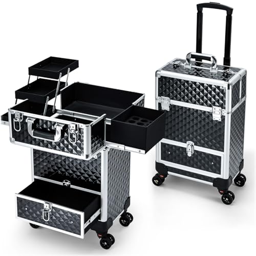 Rolling Cosmetic Makeup Case with 4 Sliding Trays and Wheels