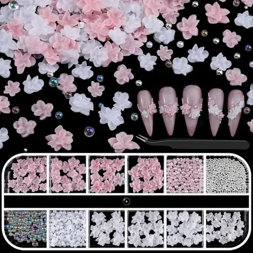 Kikonoke 3D Floral Nail Charms with Pearls and Beads