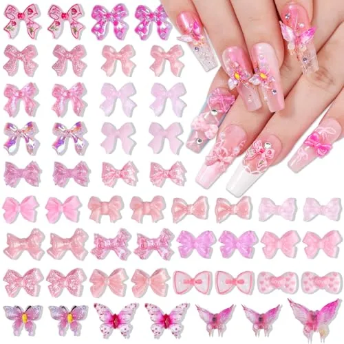 Umillars 100pc 3D Resin Pink Bow Nail Charms Set