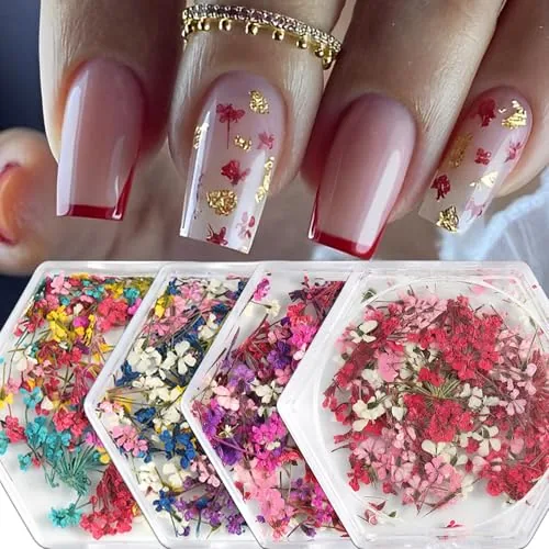 SILPECWEE 4-Box Dried Flower Nail Art Stickers Set