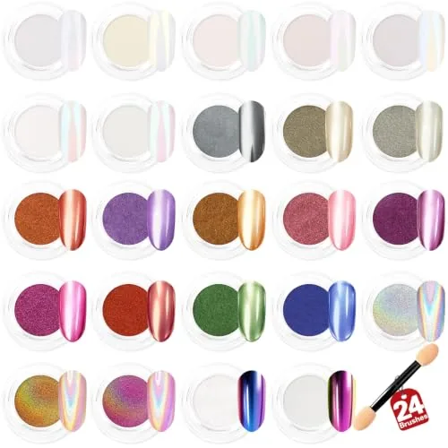 RTTHEL 24-Jar Chrome Nail Powder Kit Mirror Effect