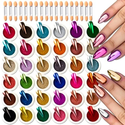 SUTOZMIWE 36-Jar Chrome Nail Powder Kit with Sponge Applicators