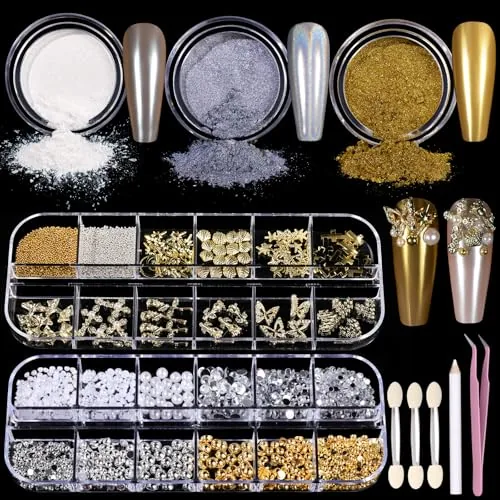Teenitor Chrome Nail Powder Kit with Gems and Charms