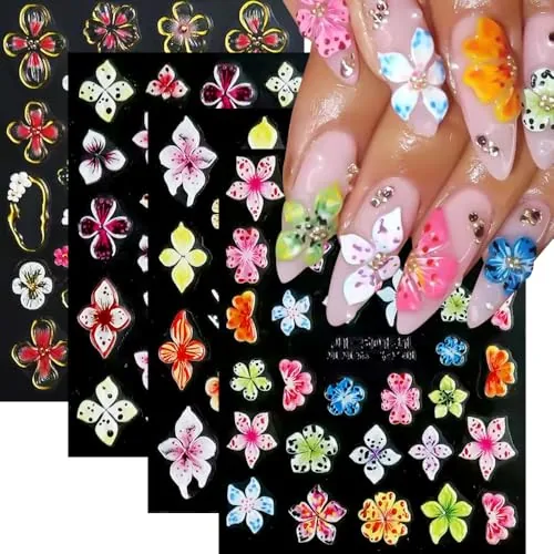 Qdsuh 5D Embossed Floral Nail Stickers 4 Sheets