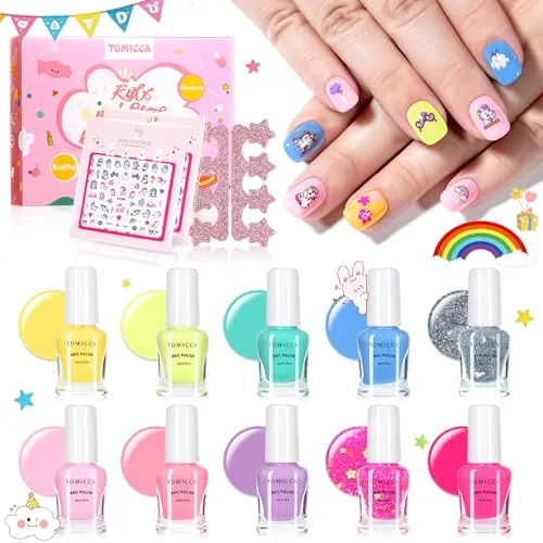 TOMICCA Kids Nail Polish Set - 10 Colors, Peel-Off