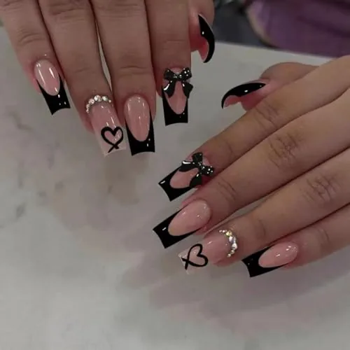 CTTHNBD Square Press-On Nails Black French Tip 24pc