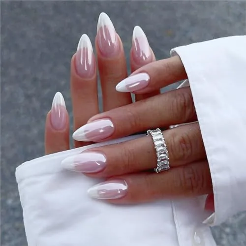 FJSMTOPl Almond French Tip Press-On Nails Chrome 24pc