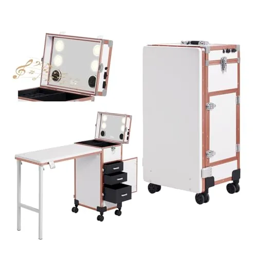 BEAUTY CASE Rolling Manicure Table with Mirror & Drawers