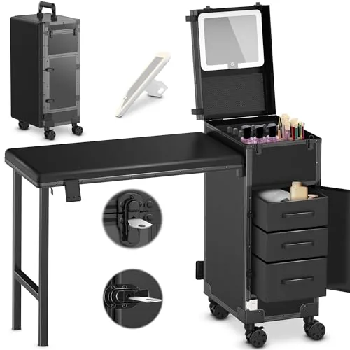 EASYINBEAUTY Rolling Manicure Table with LED Mirror