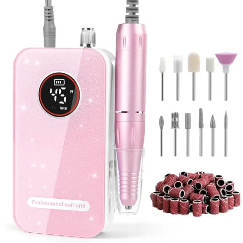 HQMPHQ 45000RPM Cordless Nail Drill Pink Rechargeable