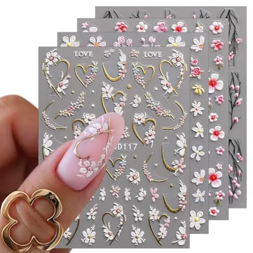 JMEOWIO 5D Embossed Floral Nail Stickers 4 Sheets