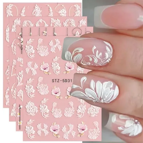 JMEOWIO 5D Spring Floral Nail Stickers 4 Sheets
